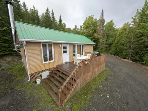 Exterior view of the cabin featuring a deck, patio furniture, and a barbecue.