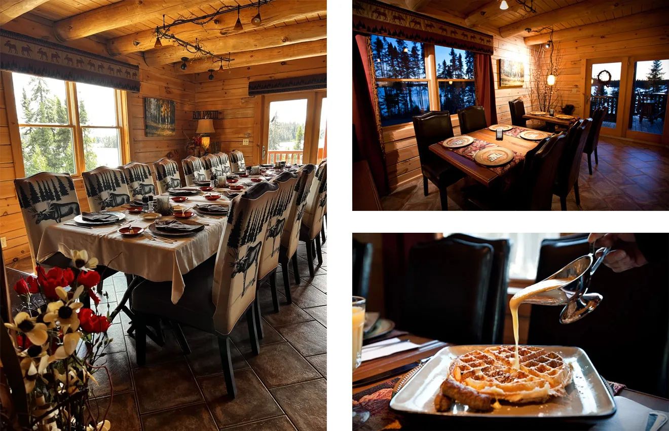 The lodge dining room provides a rustic setting for your meals.