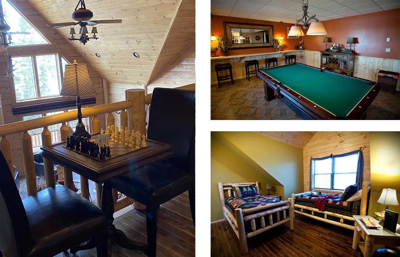 The inn offers relaxing spaces, including a game room and comfortable bedrooms.