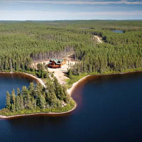 St-Cyr Royal's main log lodge along the waterfront at Pourvoirie St-Cyr Royal, Abitibi-Témiscamingue, Quebec
