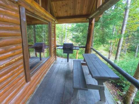 La galerie couverte du chalet dispose d'une table de pique-nique et d'un barbecue.