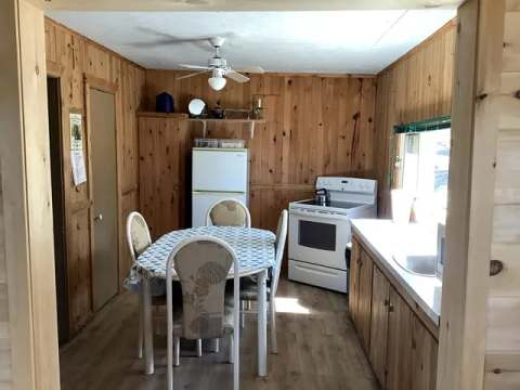View of the kitchen and dining area featuring wood paneled walls.