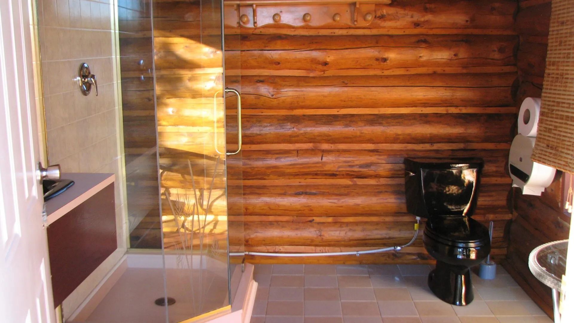 Cette salle de bain de chalet comprend une cabine de douche vitrée et des murs en bois rond.