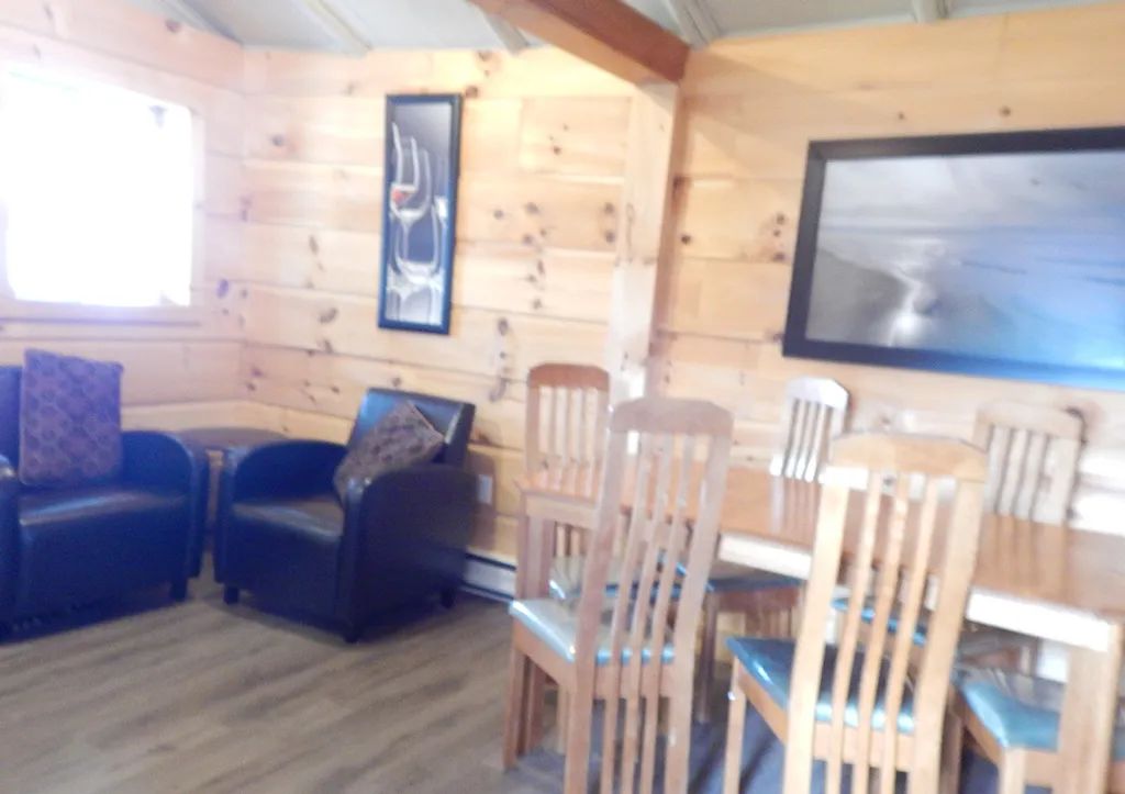 Coin repas et salon aménagés avec des meubles en bois et des fauteuils en cuir dans le chalet.