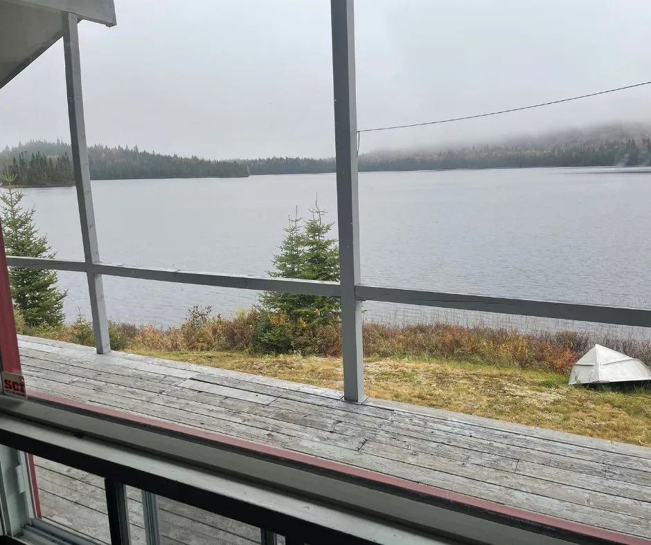 Vue sur le lac et la forêt depuis la galerie grillagée du chalet Le Familial.