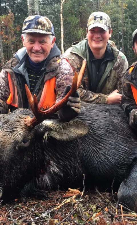 The Trottier family during a successful moose hunting trip at Pourvoirie Rudy 2015, Laurentides, Quebec