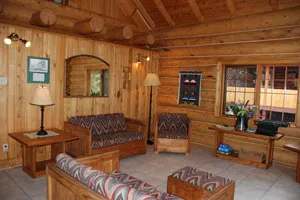 Le salon du chalet Birch Haven offre un espace confortable avec des murs en bois rond.