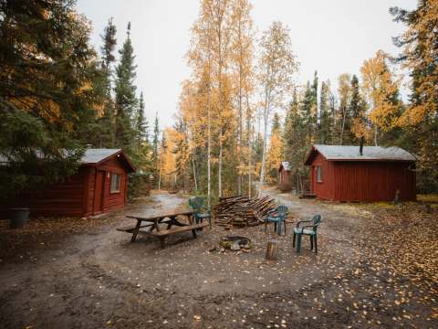 View of the wooden cabins surrounded by a forest in autumn colors.
