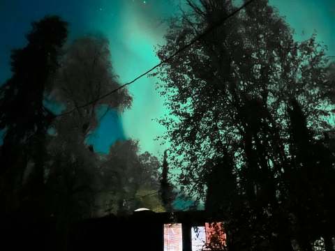 The northern lights illuminate the sky above our cabin in the evening.