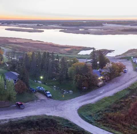 Aerial view of the Harvest Lodge site on the banks of the Waterhen River. at Harvest Lodge, Parkland, Manitoba