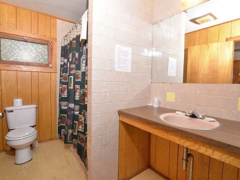 La salle de bain du chalet inclut une toilette, un lavabo et une douche avec rideau à motifs.