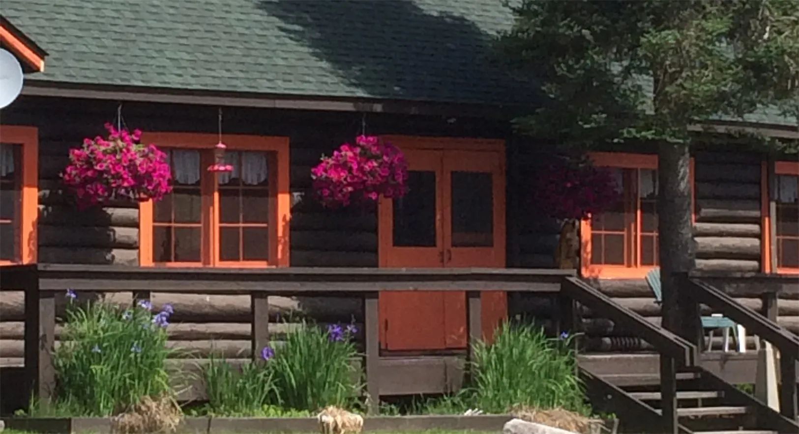Vue de la façade et de la galerie fleurie du chalet 12.