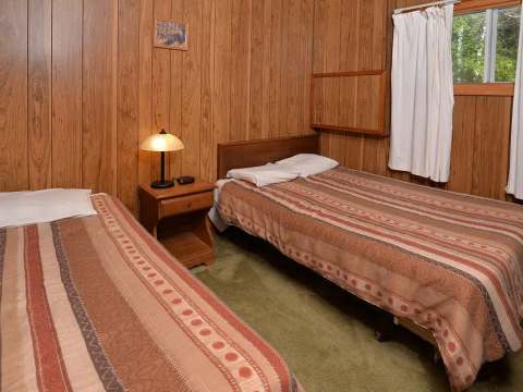 This cabin bedroom features two single beds with a nightstand and a lamp.