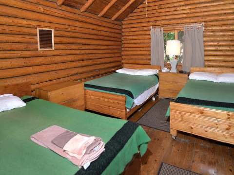 This rustic cabin bedroom features three beds with green blankets.