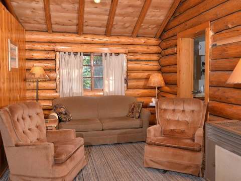 Le salon du chalet 9 offre un espace de détente confortable avec ses murs en bois rond.