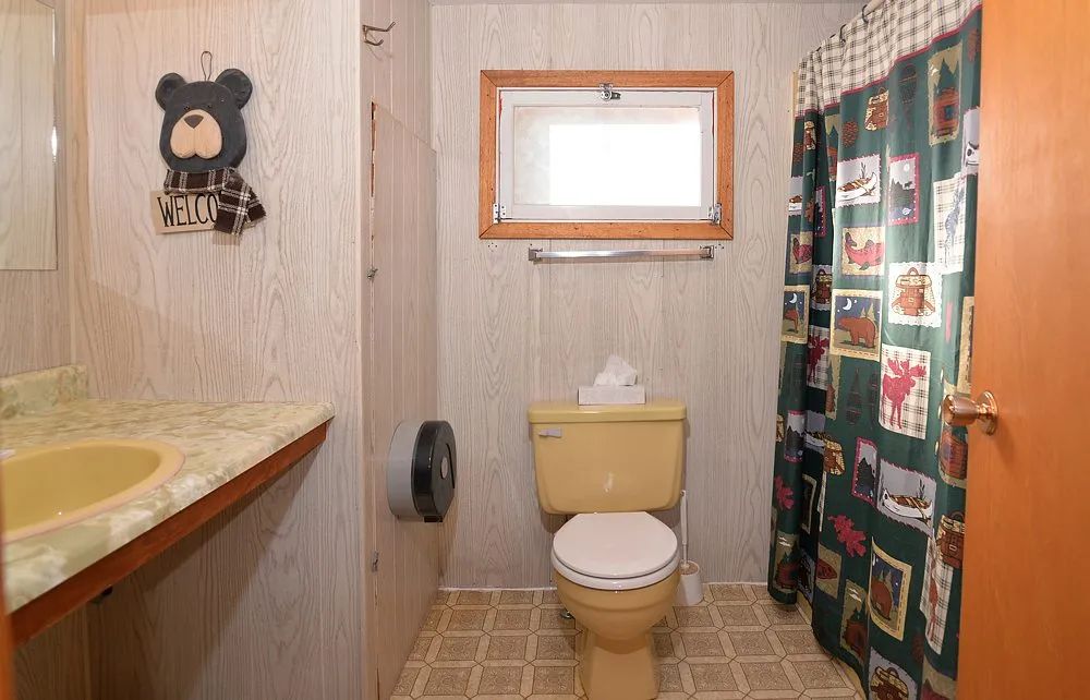 La salle de bain du chalet dispose d'une toilette, d'un lavabo et d'une douche avec rideau thématique.