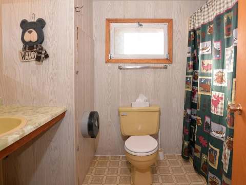 La salle de bain du chalet dispose d'une toilette, d'un lavabo et d'une douche avec rideau thématique.