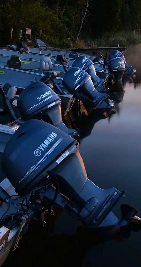 Fleet of fishing boats moored at the Manotak Lodge docks at Manotak Lodge, Sunset Country, Ontario