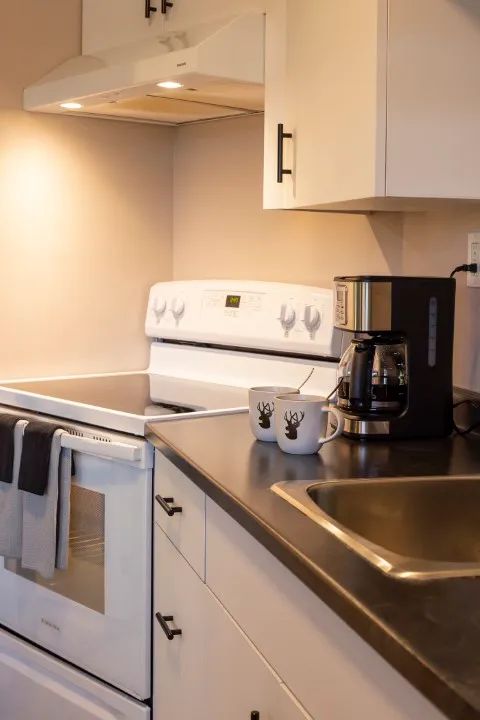 The suite's functional kitchenette is equipped with a stove and a coffee maker.