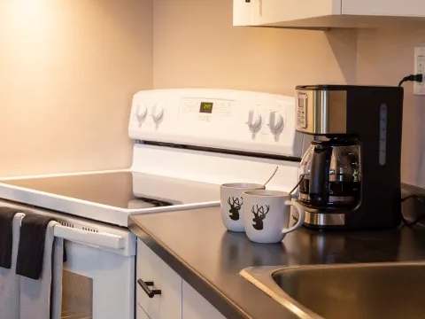 The suite's functional kitchenette is equipped with a stove and a coffee maker.