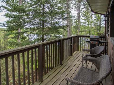 Enjoy the view of the forest and the lake from the private deck equipped with a barbecue.