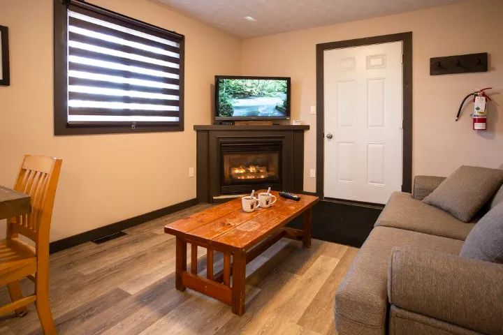 The suite living area features a fireplace, a television, and a comfortable sofa.