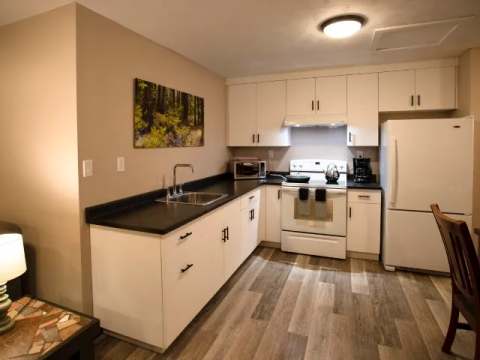The suite features an equipped kitchen with appliances and a countertop.