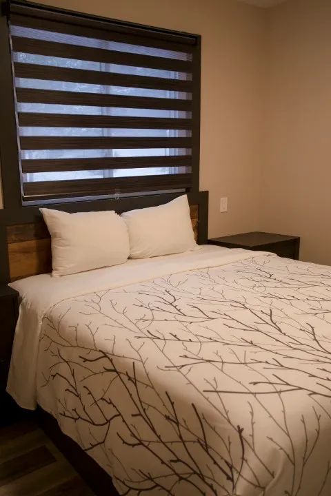 The family suite bedroom features a comfortable bed with branch-patterned bedding.