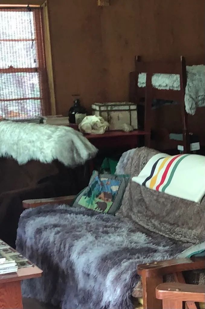 L'espace de vie du chalet comprend des sièges confortables et des lits superposés.