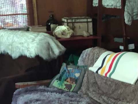 L'espace de vie du chalet comprend des sièges confortables et des lits superposés.