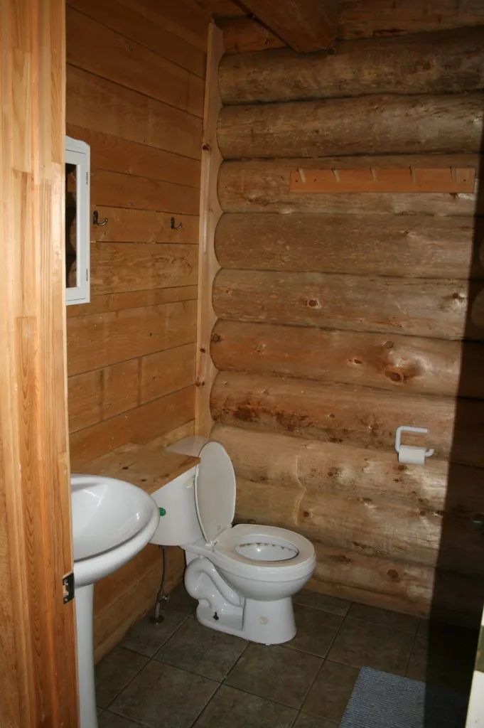 La salle de bain du chalet Balbuzard dispose de murs en bois rond et d'équipements sanitaires.