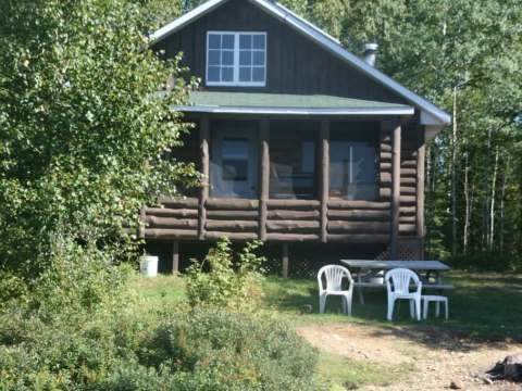 Exterior view of the Elfe cabin with its screened porch and outdoor dining area.