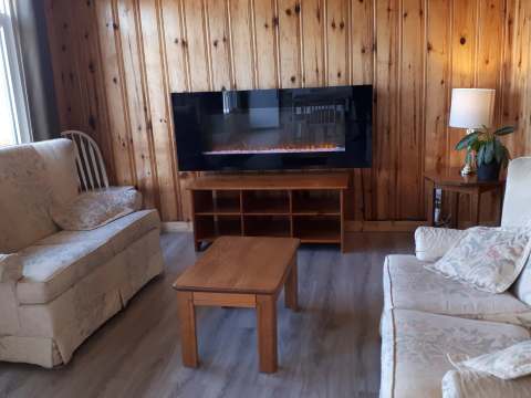 The cottage living room is furnished with two sofas and an electric fireplace built into the wooden wall.