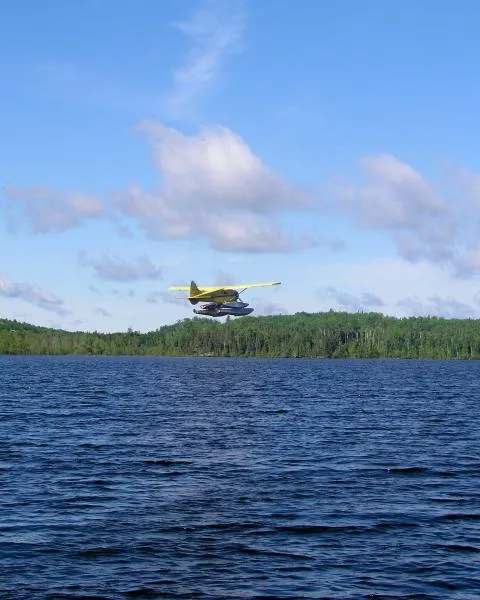 Seaplane moored at the dock at Perch Lake Lodge, Sunset Country, Ontario