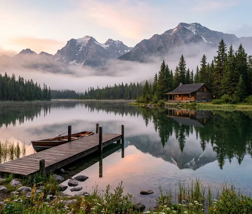 A peaceful mountain lake with a wooden pier and a rustic cabin in British Columbia.