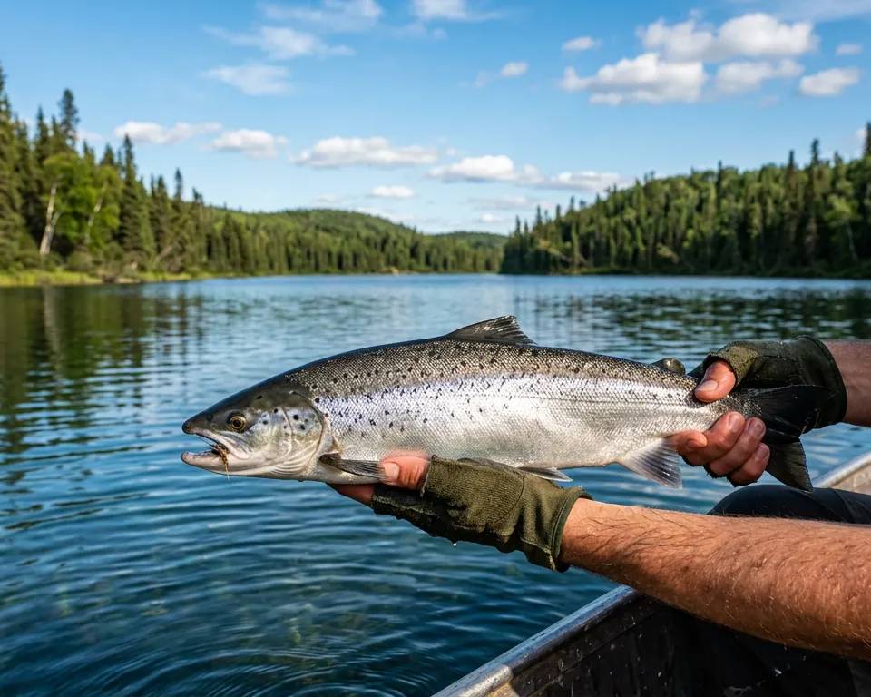 Freshly caught landlocked salmon on a clear Côte-Nord lake