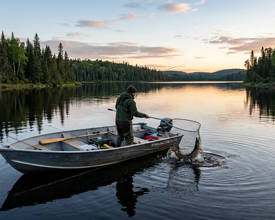 A smiling angler successfully netting a huge northern pike on a calm Quebec lake.