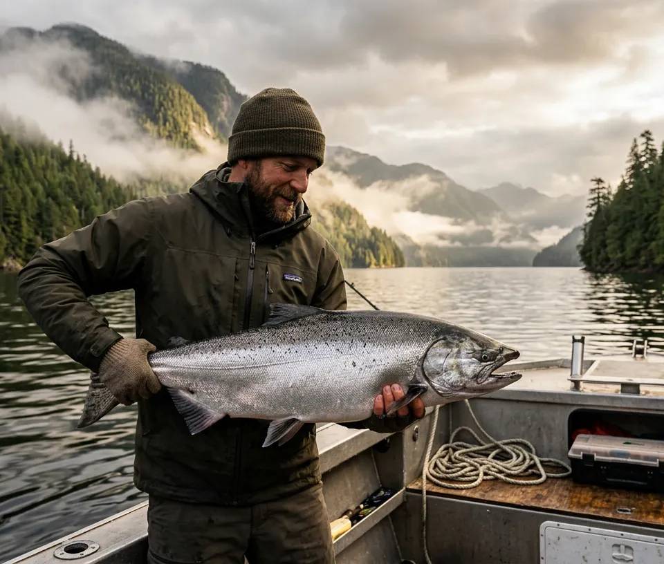 Pêcheur tenant un gros saumon chinook argenté devant les montagnes de la Colombie-Britannique.