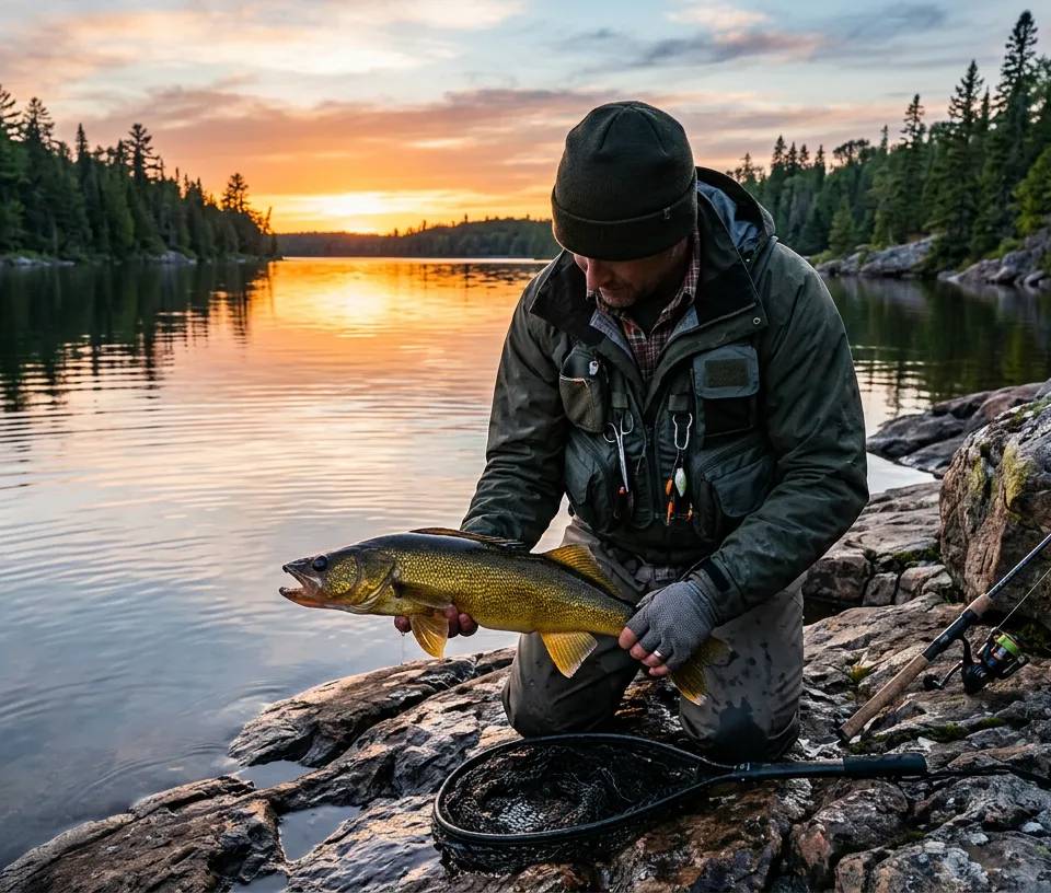 A proud angler holding a large walleye in front of an Ontario lake at sunset.