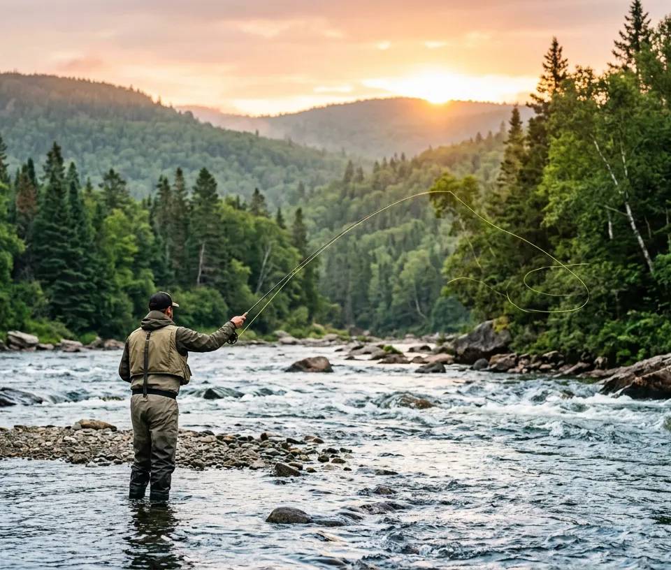 Fly fisherman casting a line into a New Brunswick salmon river at sunrise.