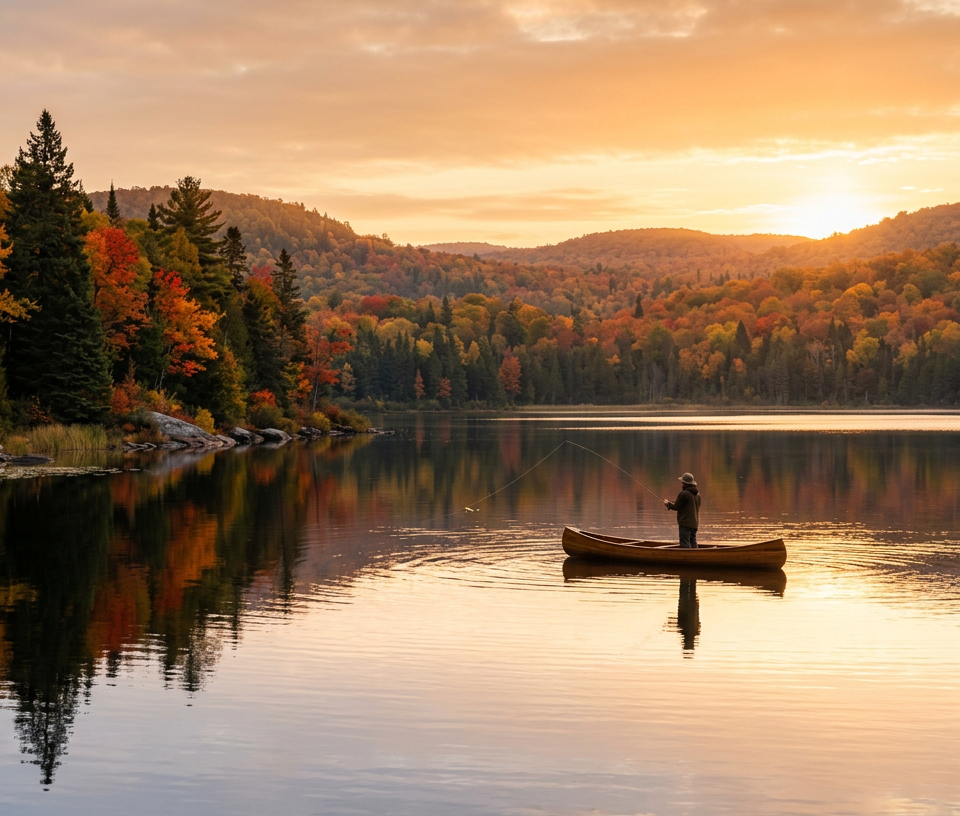 Angler casting a line from a canoe on a peaceful lake in Lanaudière at sunrise.