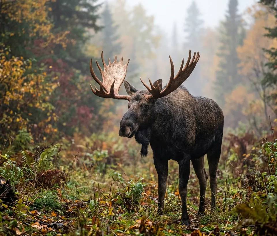 A large bull moose standing in a misty New Brunswick forest during the autumn rut.