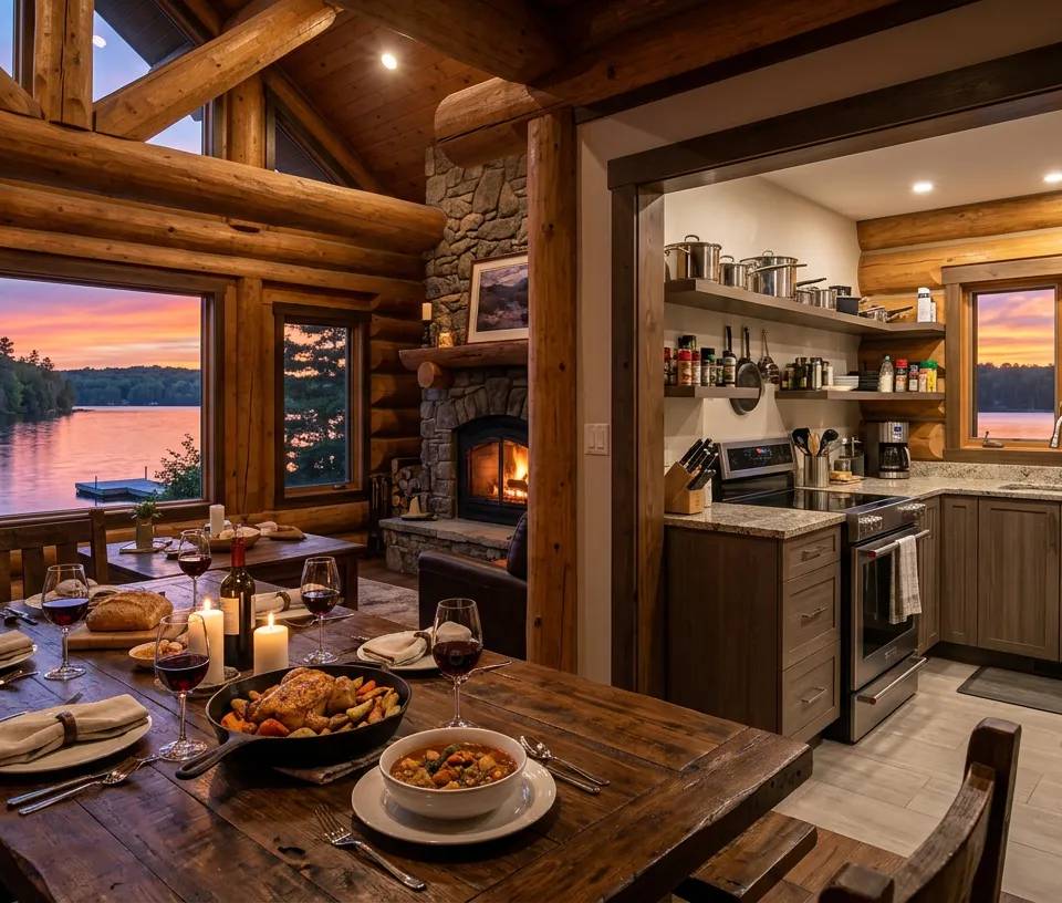 Rustic dining room in a Canadian outfitter lodge overlooking a lake.