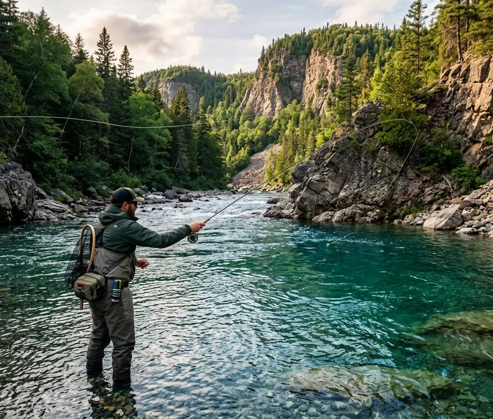 A fly fisherman casting in a clear turquoise salmon pool in Gaspé.