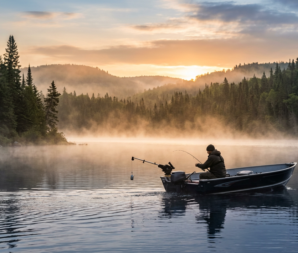 An angler trolling for lake trout on an Abitibi lake at sunrise.