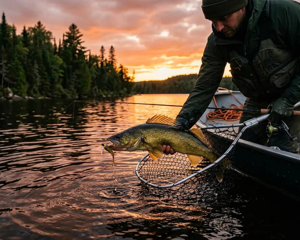Un doré jaune capturé dans les eaux d'un lac de la Mauricie au coucher du soleil.