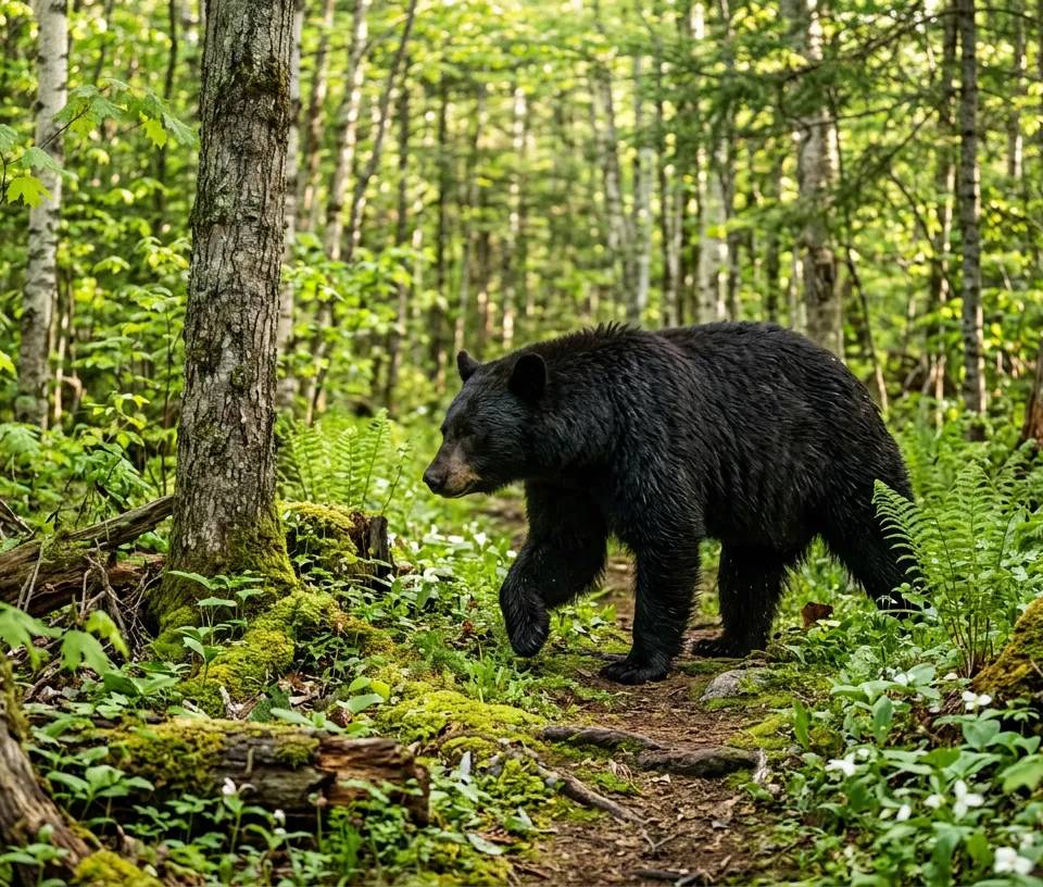 Un gros ours noir marchant dans une forêt verdoyante au Québec.