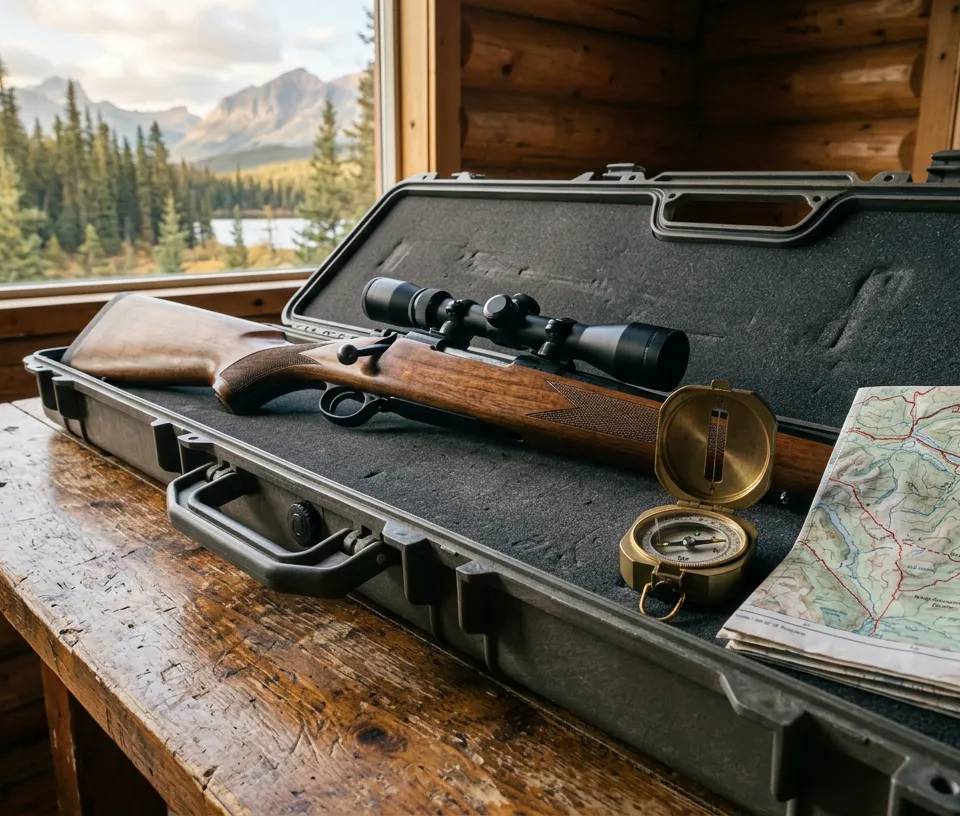 Fusil de chasse sécurisé dans un étui rigide sur une table en bois