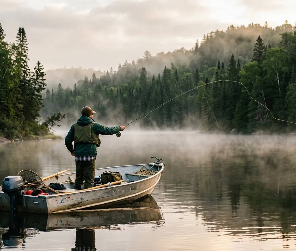 Pêcheur lançant sa ligne depuis une chaloupe sur un lac brumeux en Mauricie.