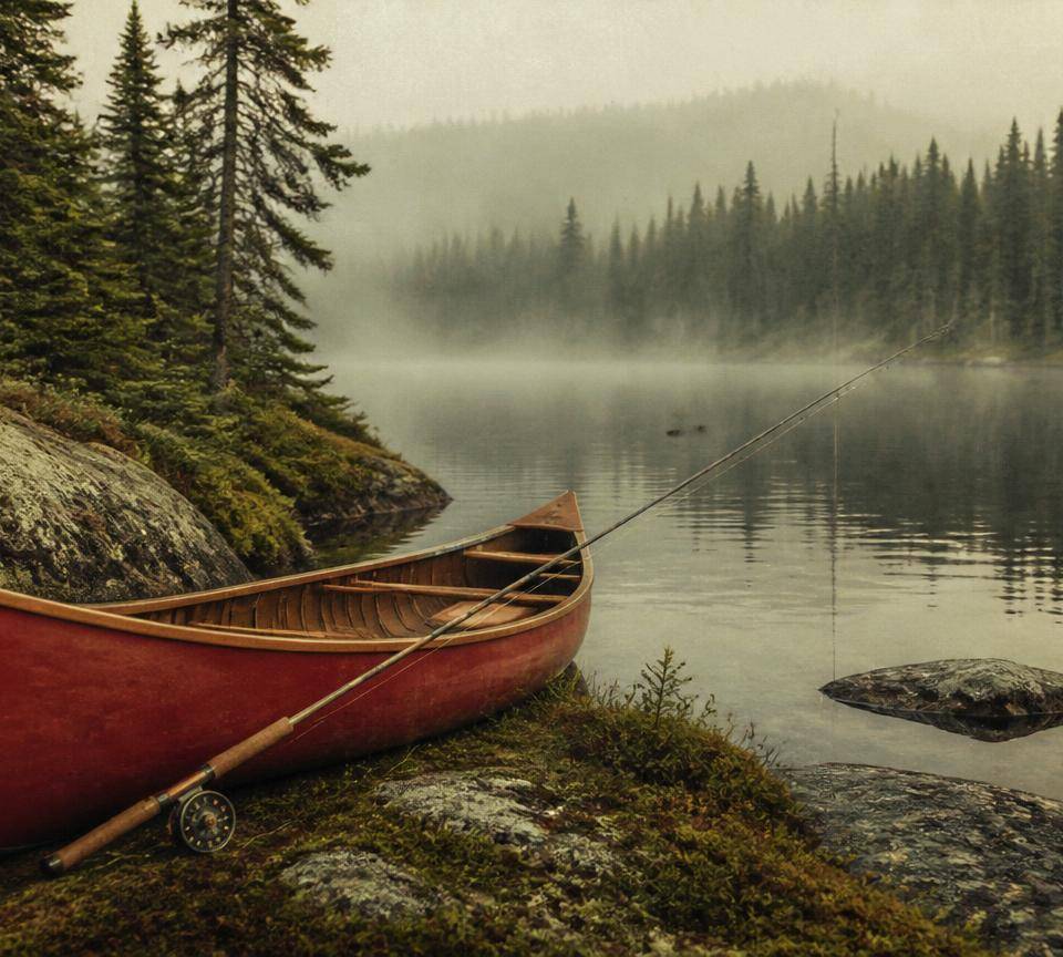 Canot rouge et canne à mouche au bord d'un petit lac à truite mouchetée dans la brume